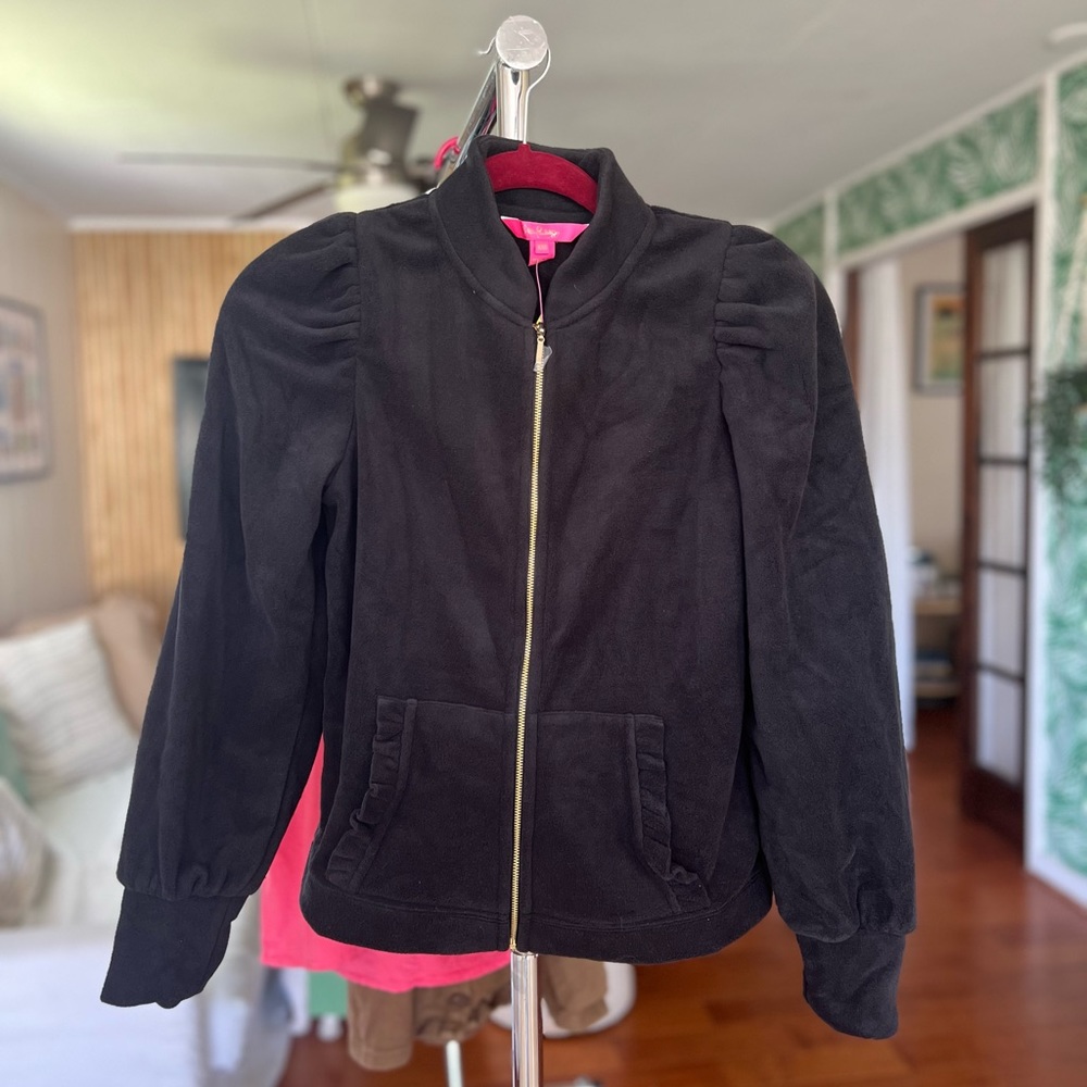 NWT Lilly Pulitzer Cabello Fleece Zip Up Black Ruffle Sz XXS - Picture 4 of 7